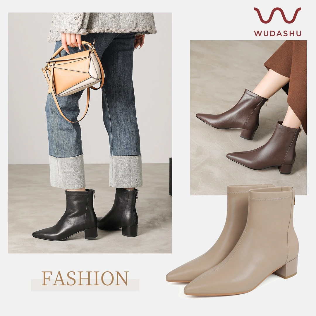 吴大叔冬季新款尖头低跟短靴羊皮粗跟加厚保暖靴子通勤靴TF108209