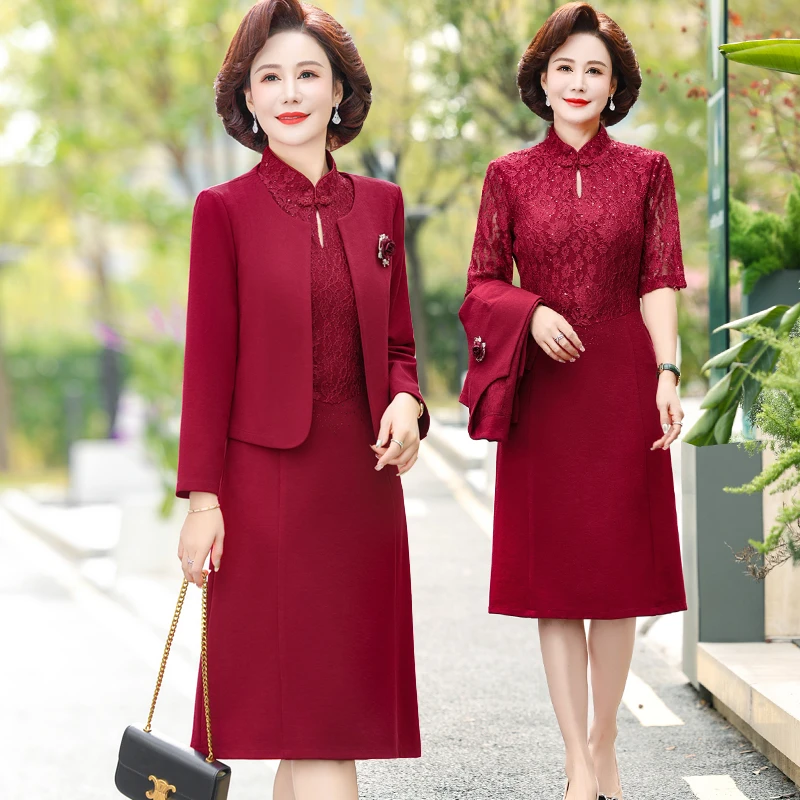小个子妈妈结婚礼服高贵连衣裙两件套春秋款高端喜婆婆婚宴装外套