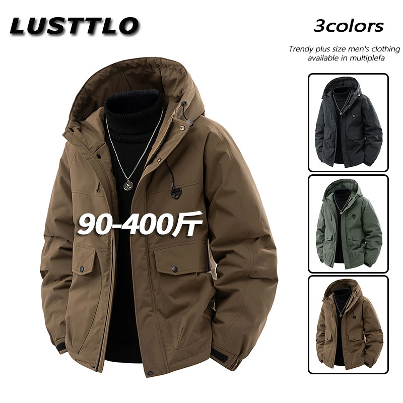 秋冬季新款加厚保暖抗寒连帽棉衣男士加肥加大码工装棉服棉袄外套