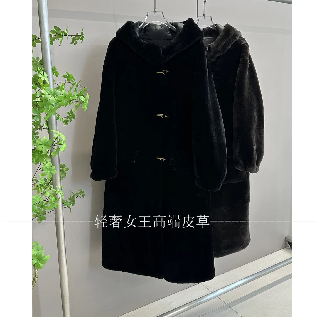原生态进口美利奴绵羊皮毛一体大码连帽长款简约风皮衣皮草女外套