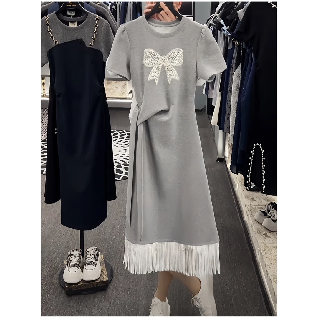 重工烫钻蝴蝶结流苏连衣裙女2025夏季新款时尚收腰显瘦中长裙3094