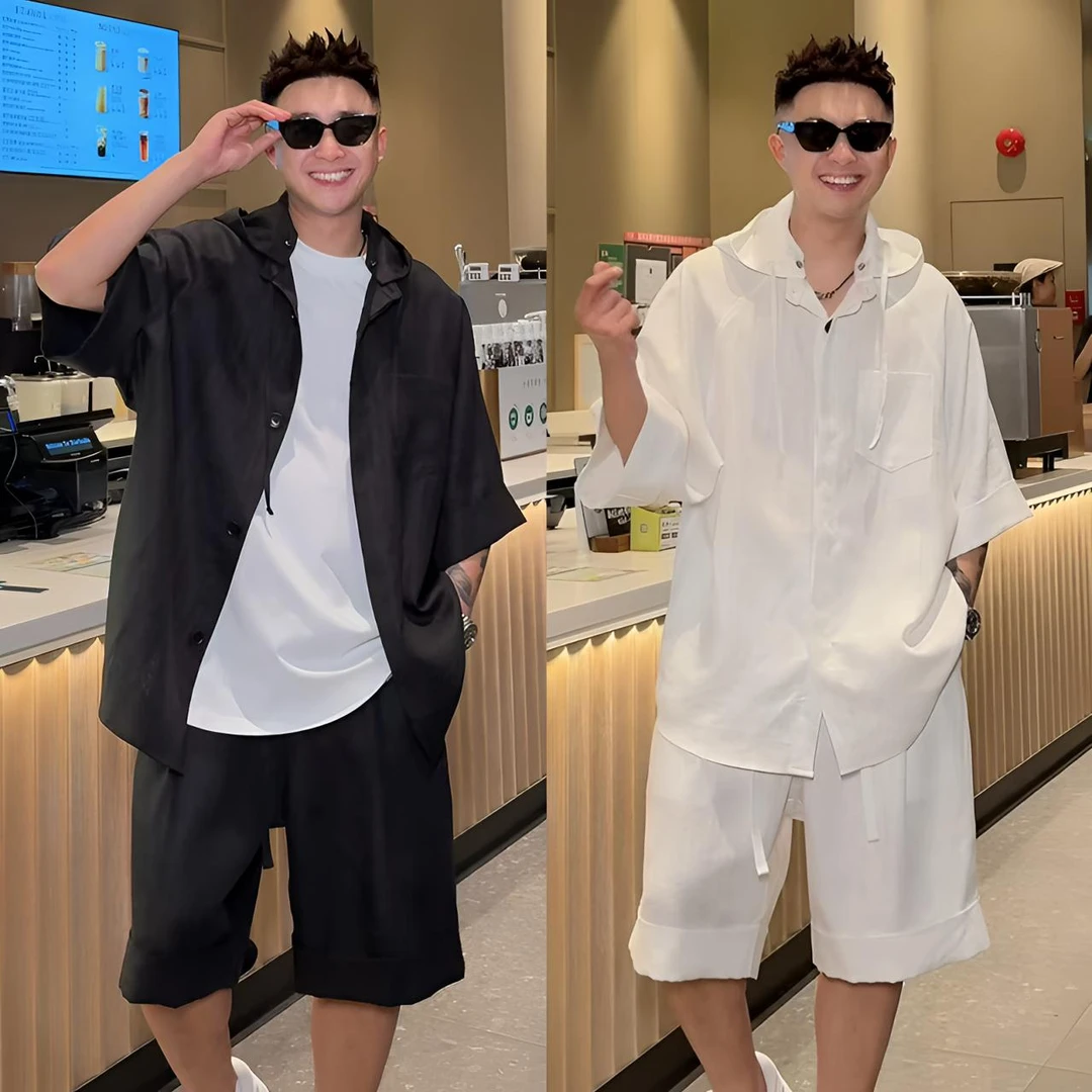 夏季新款亚麻垂感休闲套装男时尚宽松连帽短袖衬衫运动短裤两件套