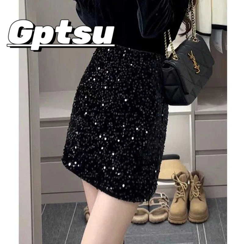 GPTSu高腰亮片短裙2025年新款黑色显瘦A字包臀裙亮闪闪半身裙子女