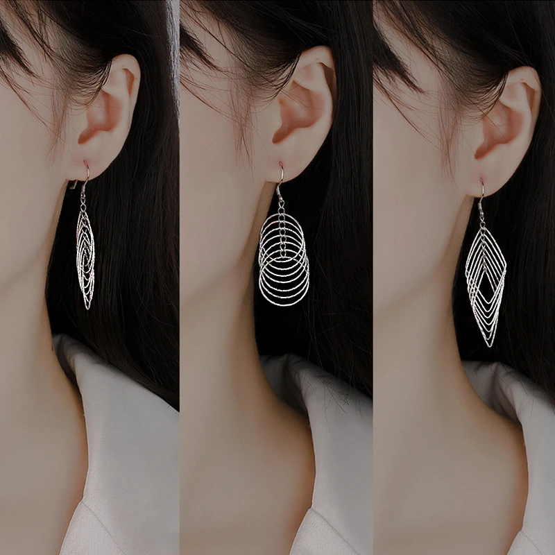 S999银镂空菱形长款耳坠韩国东大门高级感气质满天星耳环耳饰品