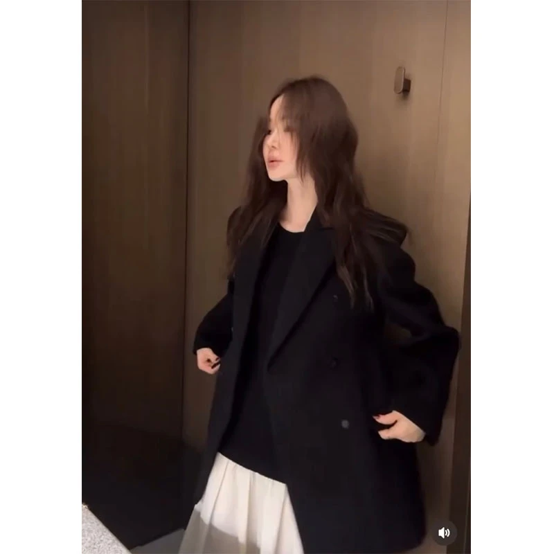 2025秋季新款时尚韩系宽松黑色长袖西装外套设计感减龄无袖连衣裙