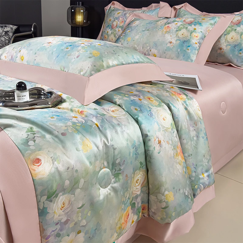 高档数码印花水洗冰丝夏被四件套 可机洗轻奢凉爽夏凉被空调被