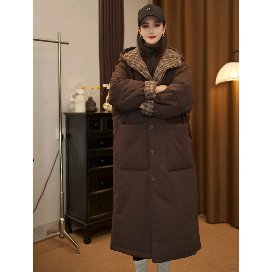 纯色连帽长袖常规女长款棉衣棉服过膝百搭棉袄宽松时尚休闲黑色