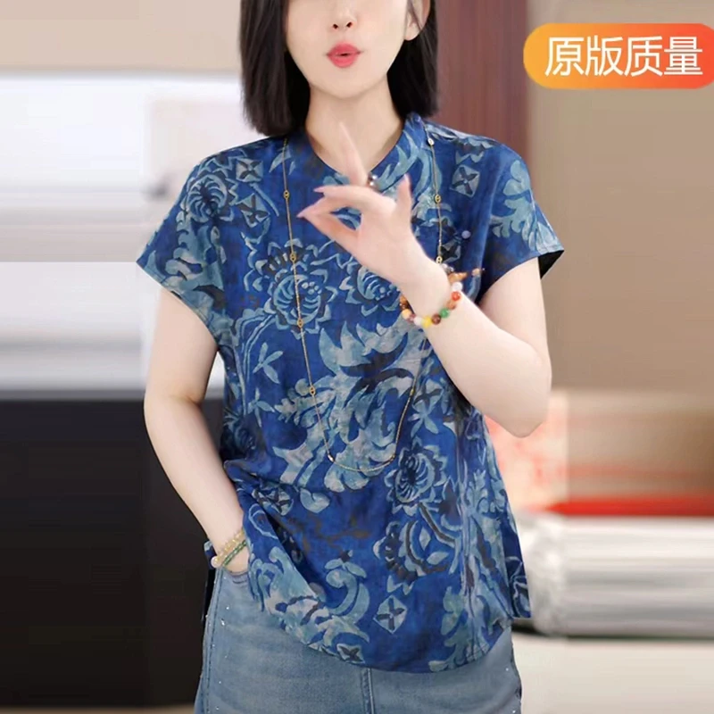 新中式真 丝衬衫女短袖夏季新款高端立领盘扣小衫国风桑蚕 丝上衣