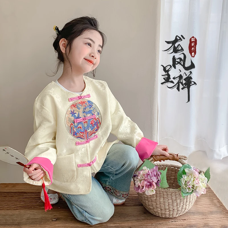 女童秋装2025新款儿童复古刺绣盘扣上衣春秋款新中式国风外套-YGG