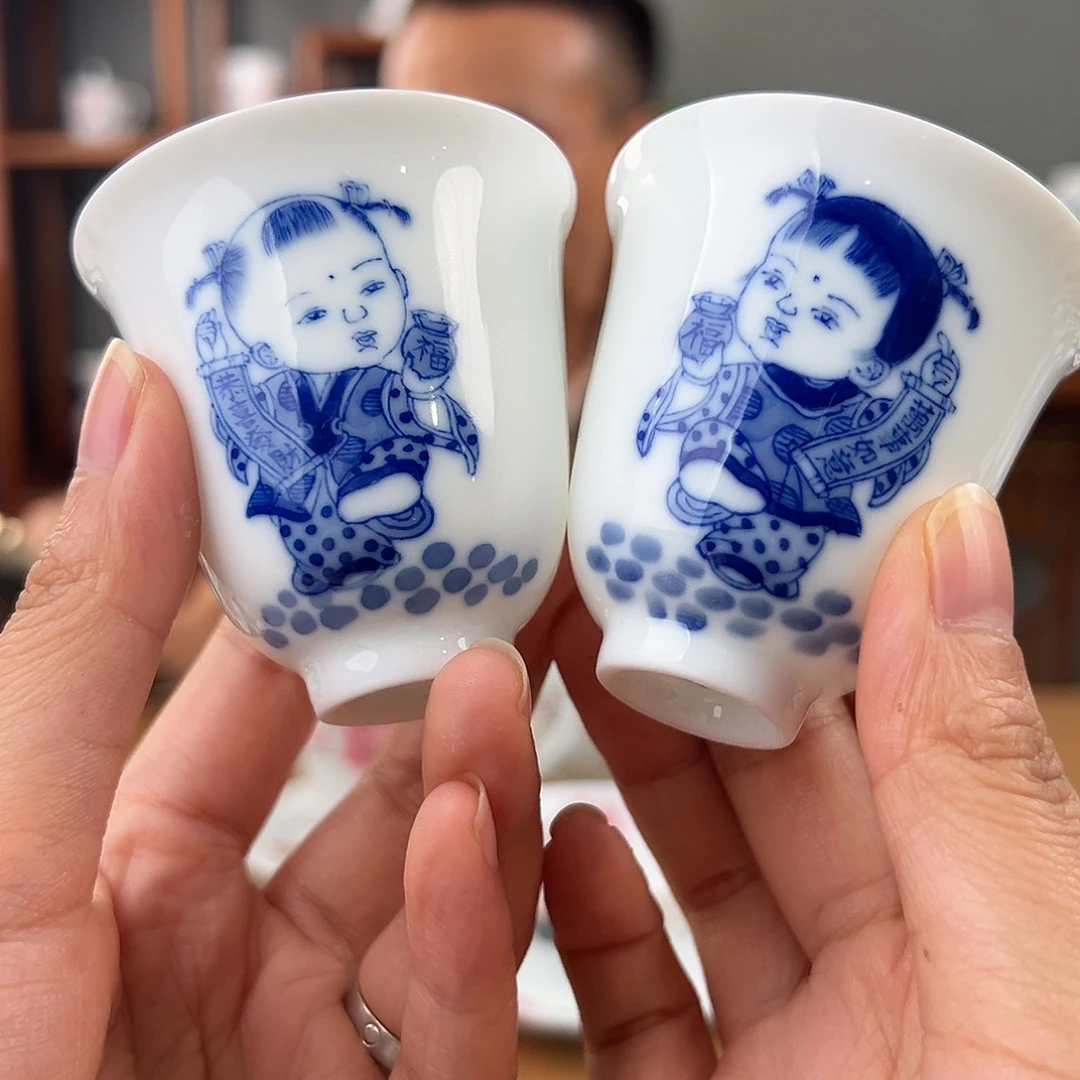 青花童趣铃铛杯，一对