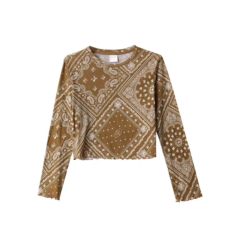 VENA LABEL 新品25春夏黄色圆领长袖印花打底长袖女时尚百搭套头