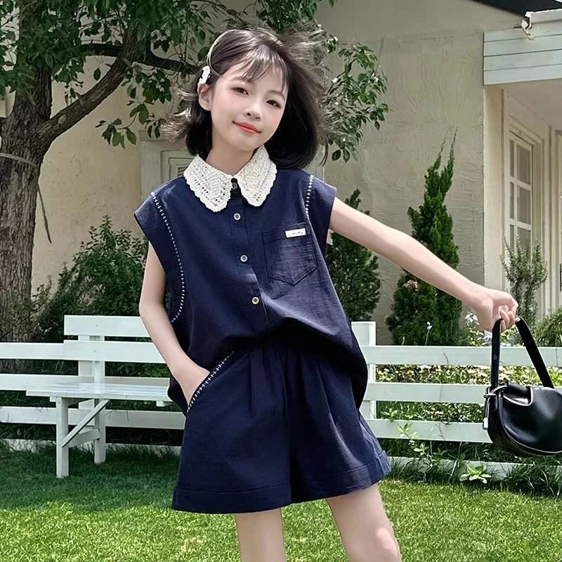 女童套装2025年新款儿童衬衫领背心短裤中大童时尚拼色夏装两件套