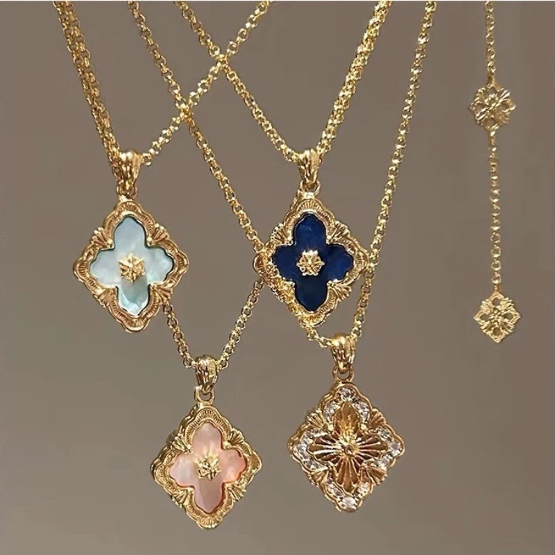 铜项链 高版本-拉丝四叶草项链双面锁骨链中古老钱轻奢毛衣链新款