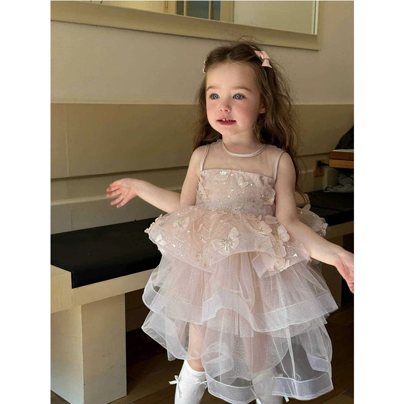 【本妈】2025夏”花飞蝶舞”女童无袖亮片立体蝴蝶网纱蛋糕裙258833