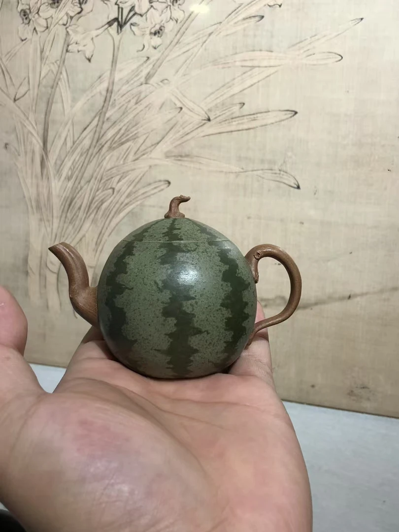 文人器，仿生小西瓜，降坡泥为底,绿泥粉浆小西瓜精工薄胎120cc