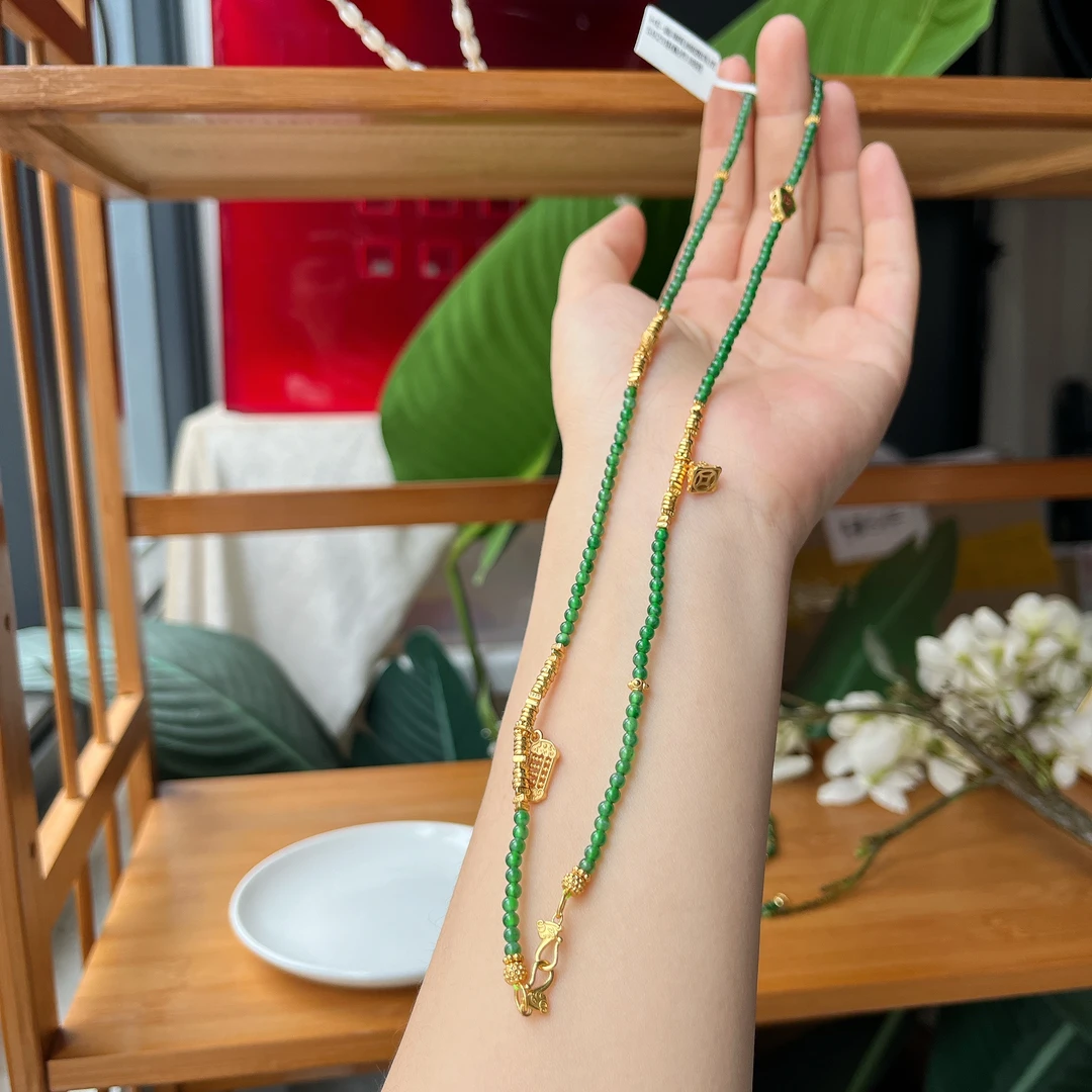 【郭老师】约3mm翡翠阳绿圆珠搭S925银配件项链约50cm