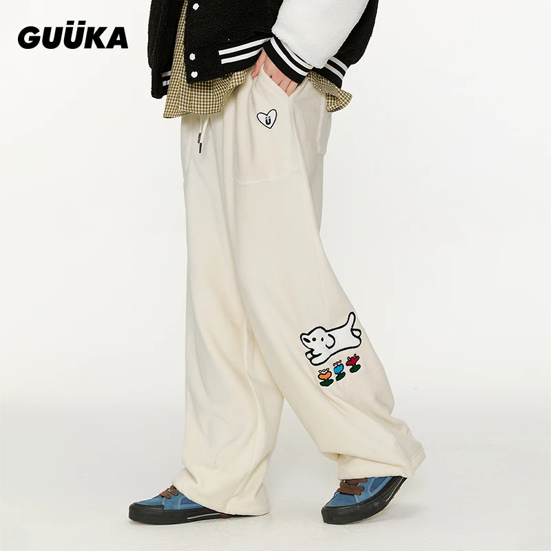 Guuka/古由卡&matsui联名小狗抗菌白色直筒裤男冬季摇粒绒X61267
