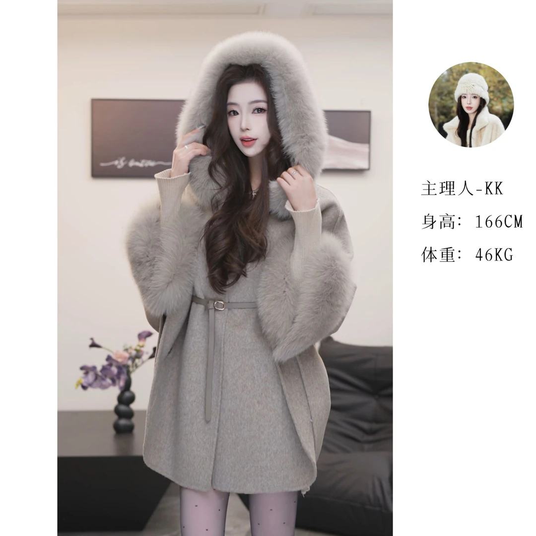 【妖姬衣橱】双面羊毛呢斗篷连帽狐狸毛大衣外套