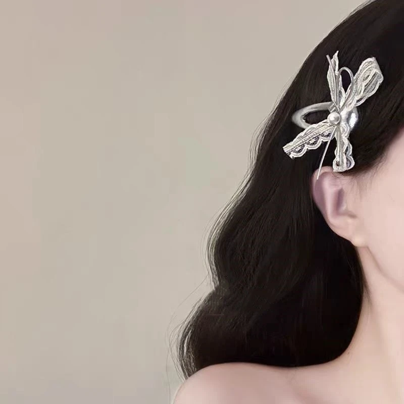 新款高级感蕾丝蝴蝶结珍珠发夹复古气质后脑勺边夹发夹发饰头饰女