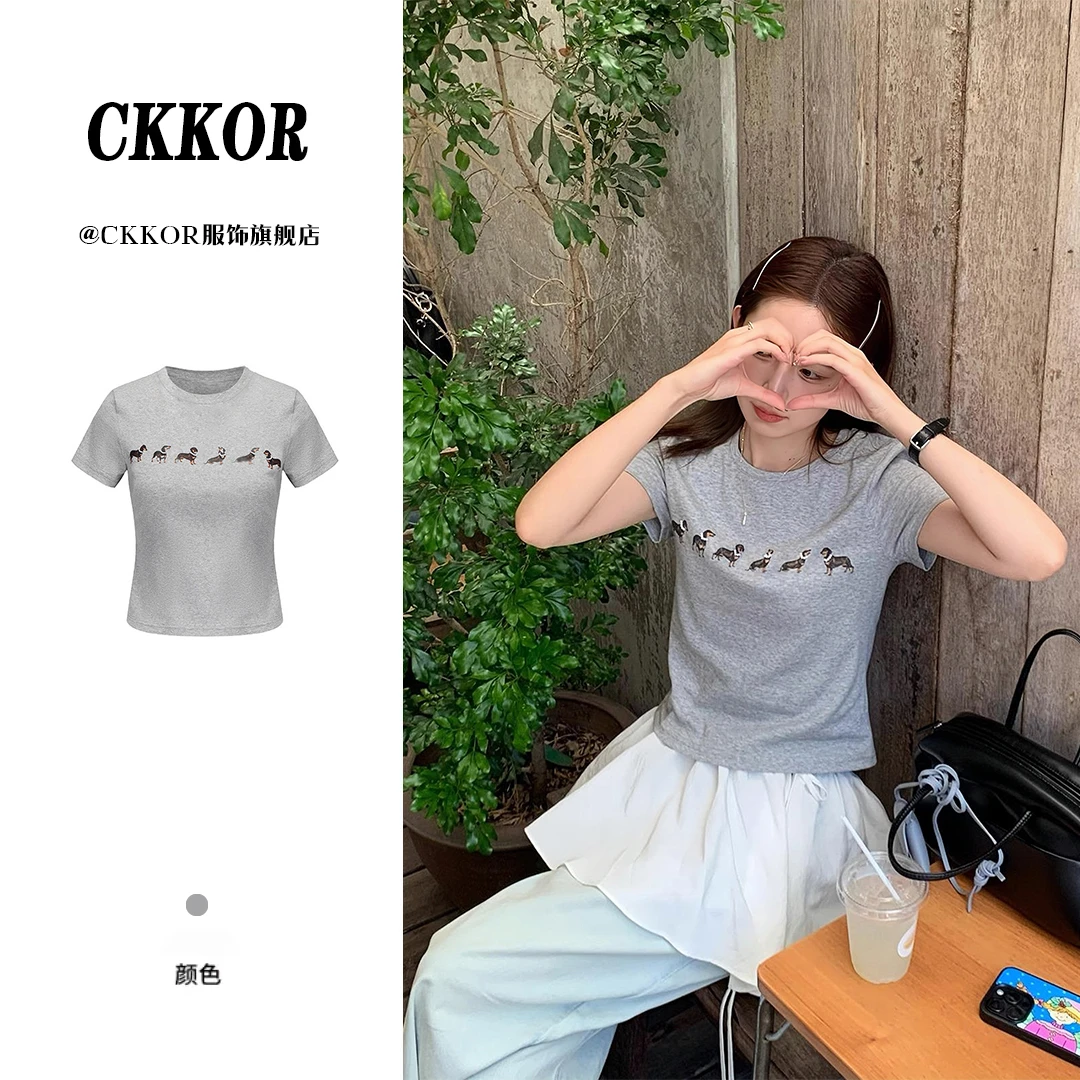 CKKOR高级感女装春夏新款百搭腊肠狗女t恤短袖美式辣妹风时尚气质
