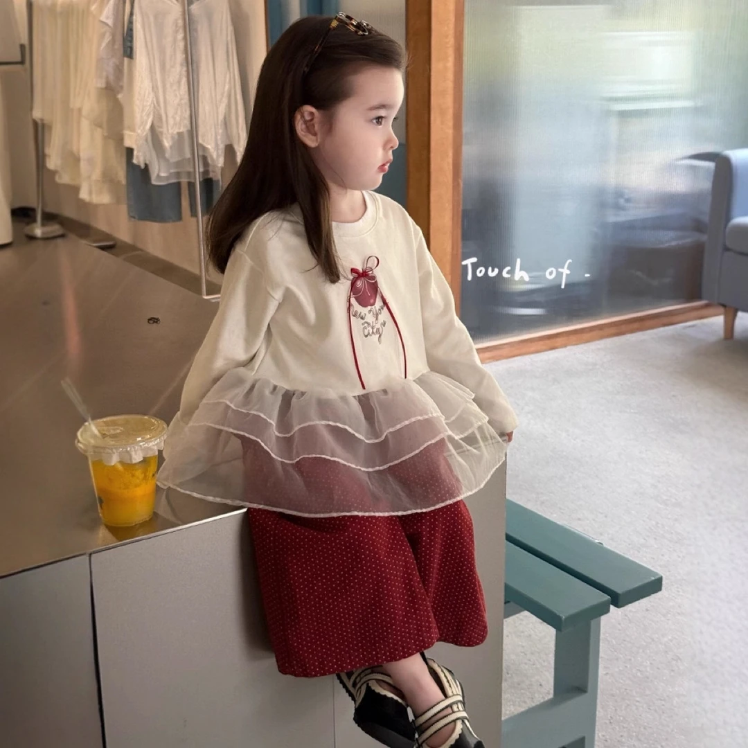 拉萨发货 女童长袖拼接T恤秋时髦儿童秋上衣红色波点裤两件套装