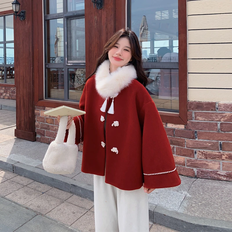 复古新年红毛呢外套2025冬季新款氛围感千金风新中式盘扣呢子大衣