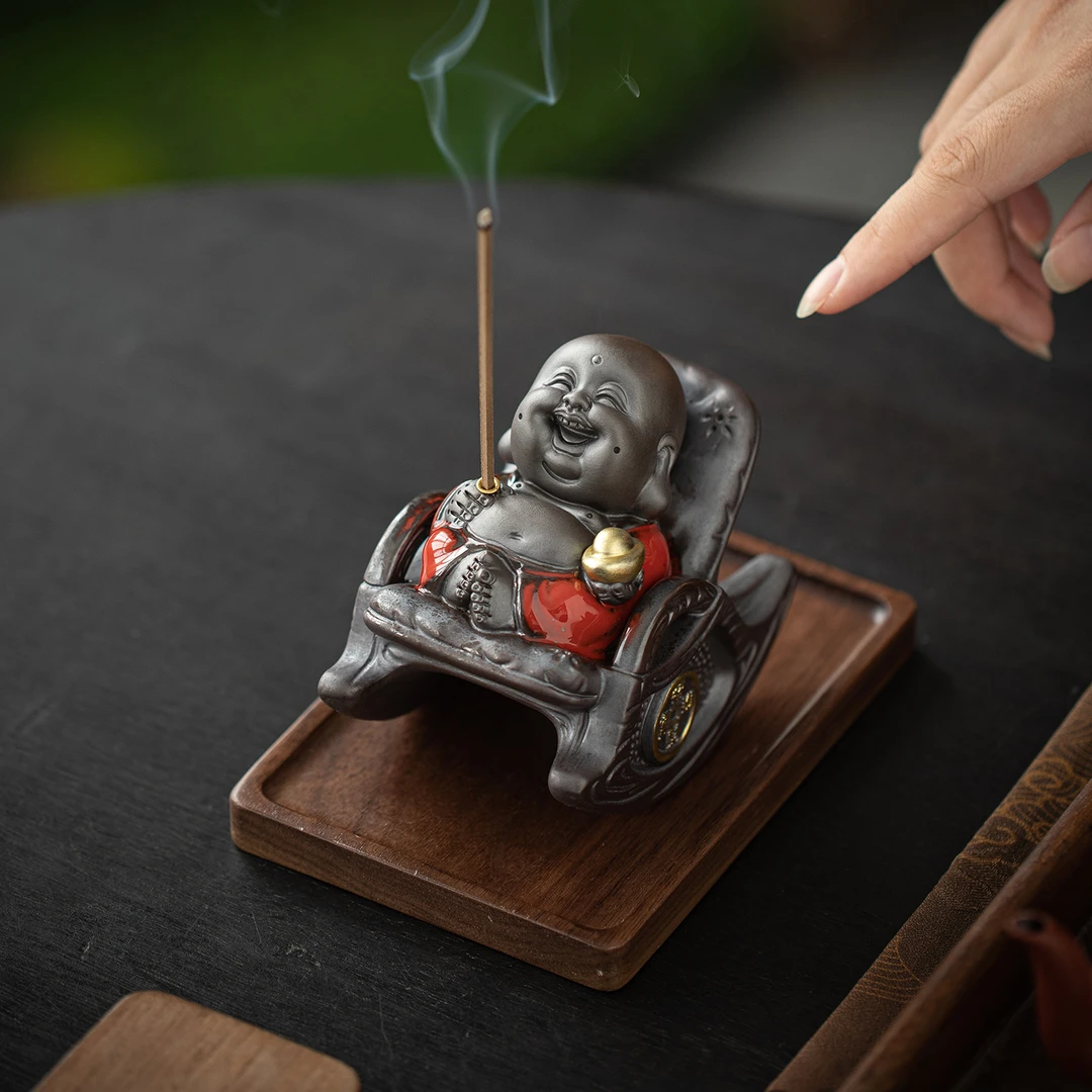 创意陶瓷摇摇椅小弥勒线香炉可爱笑佛香插香座桌面香薰炉摆件香器