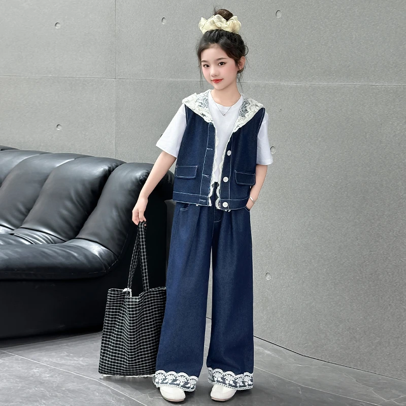 女童夏季薄款套装2025新款洋气韩系中大童儿童夏装牛仔马甲三件套