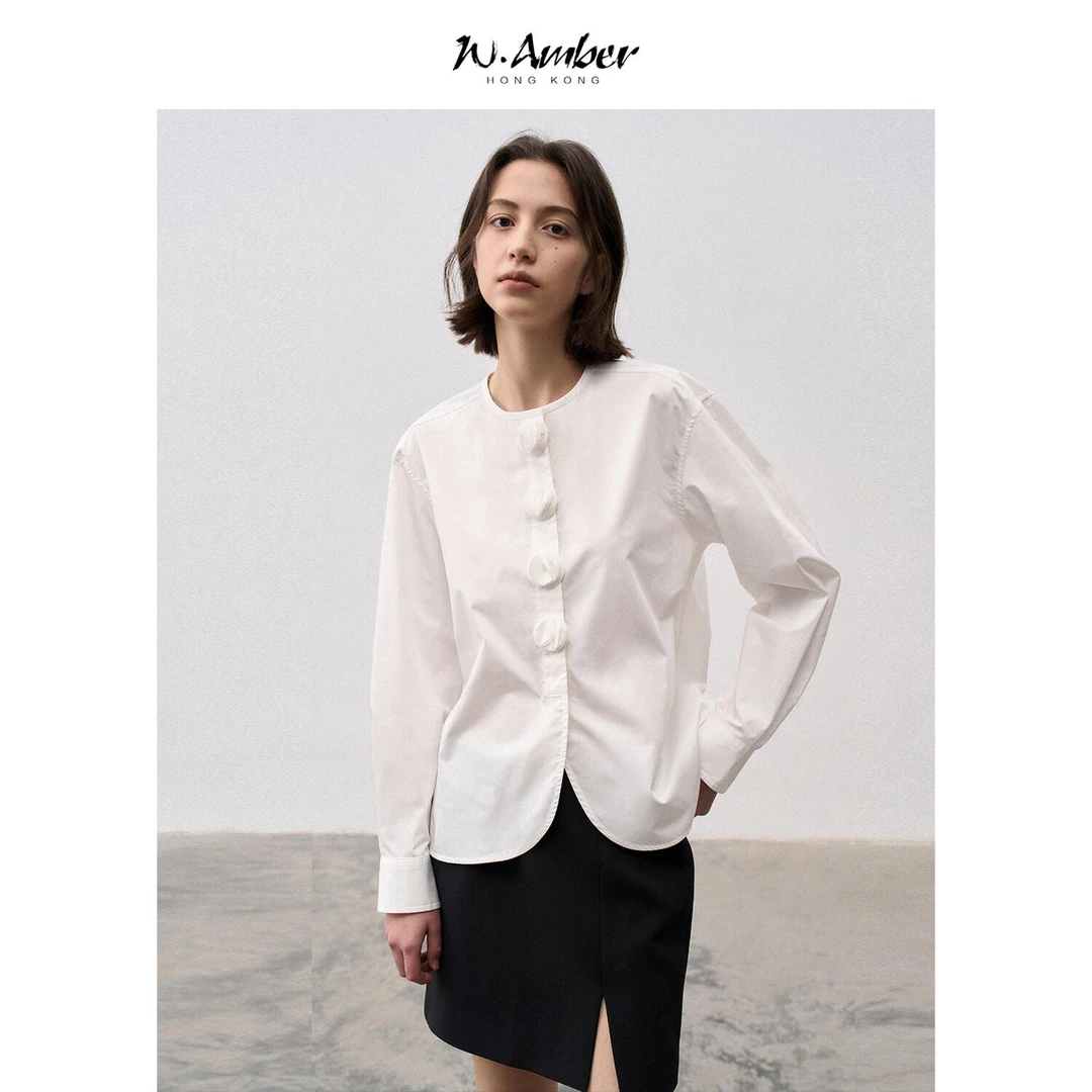W.Amber千层酥设计花朵襟圆领长袖衬衫高支长绒棉2025早秋新款