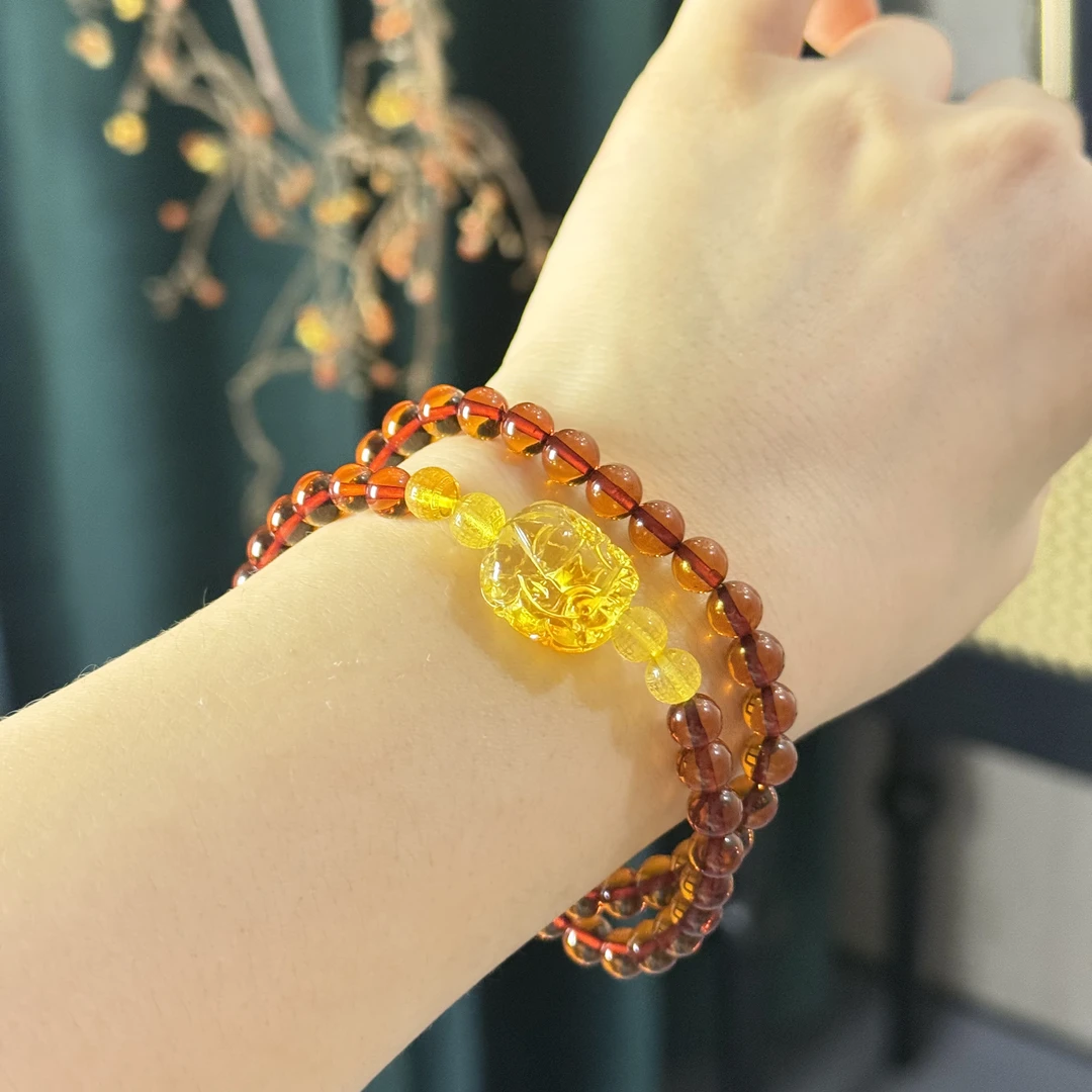 美创—天然琥珀缅甸血珀金珀貔貅双圈手串