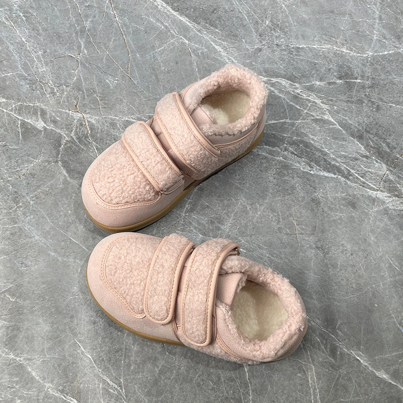 粉色冬季新款学生加绒棉鞋女魔术贴粉色甜美风保暖毛绒鞋子女板鞋