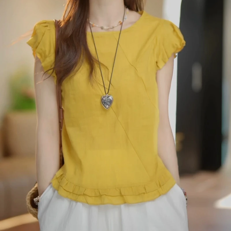 2025夏装时尚百搭法式圆领小清新气质设计感纯色上衣LK2503649