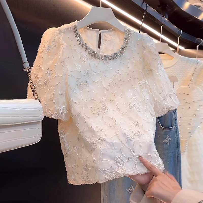 镶钻钉珠雪纺衫女2025夏季洋气减龄宽松显瘦高级感特别致小衫上衣