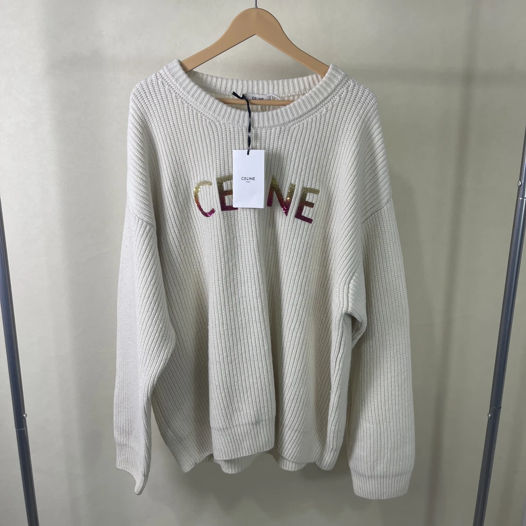全新未使用 Celine/思琳 彩虹亮片Logo 羊毛针织衫毛衣 M码 #92