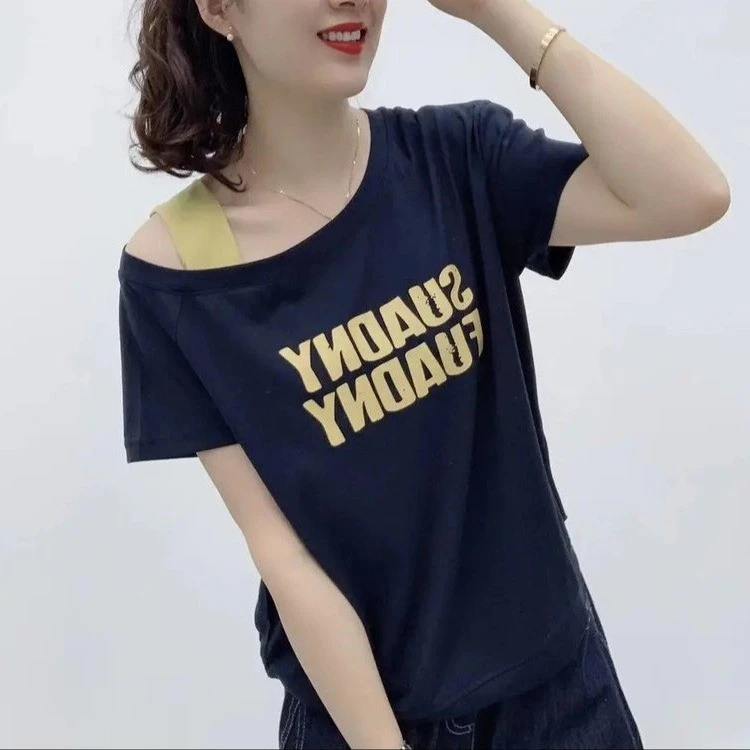 显瘦印花夏季字母拼接打底短袖休闲印花T恤百搭宽松设计感纯棉