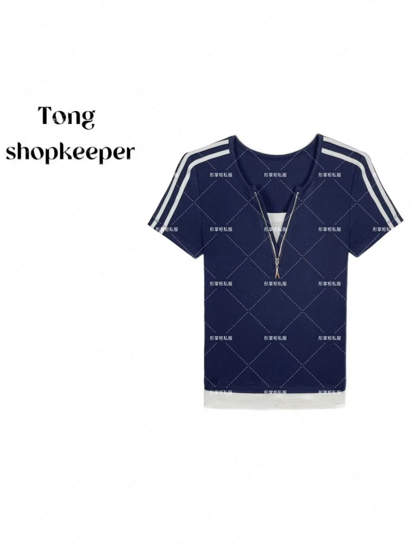 QJ/彤掌柜1682026 夏季2025秀款拉链领天丝羊毛条纹设计显瘦上衣