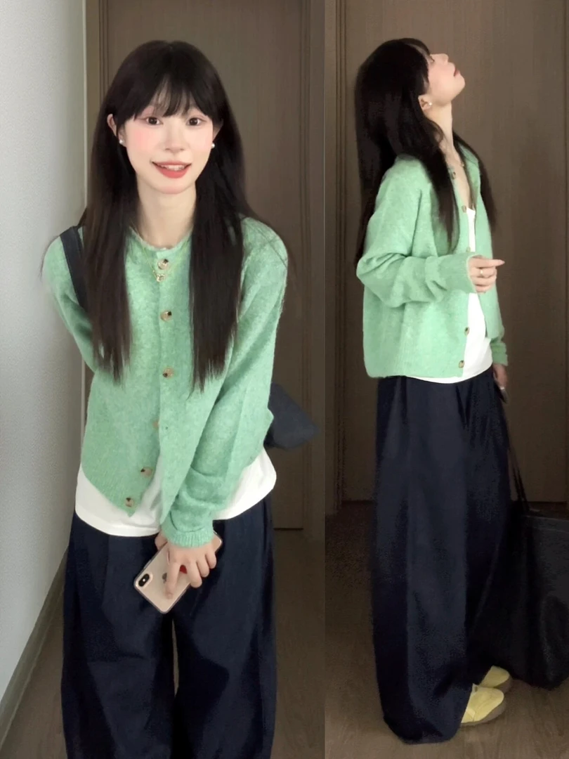 法式气质薄荷绿卷边针织开衫毛衣外套女春秋软糯绿色上衣早秋外搭