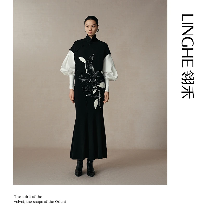 翎禾LINGHE-「折桂」无袖高领针织羊绒连衣裙