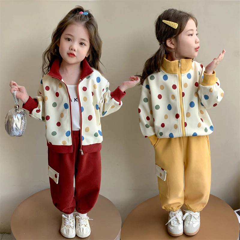 女童秋款套装2025新款女宝开衫卫衣卫裤两件套波点休闲运动洋气潮