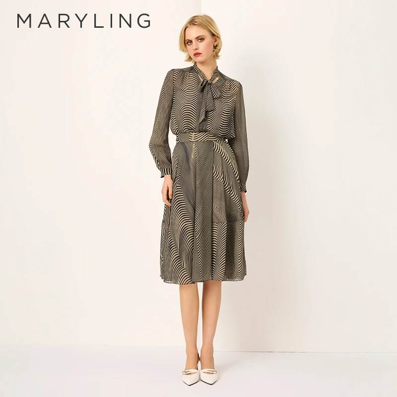 MARYLING玛俪琳2025初春新品优雅黑杏波纹印花半身裙A1FAW72300
