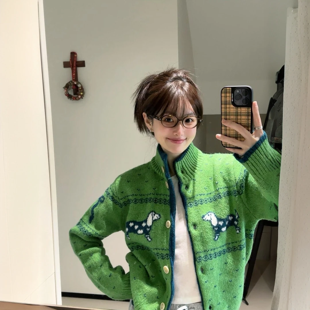 INS CEC绿色拼接小狗印花软糯毛衣外套女秋冬季百搭宽松针织开衫