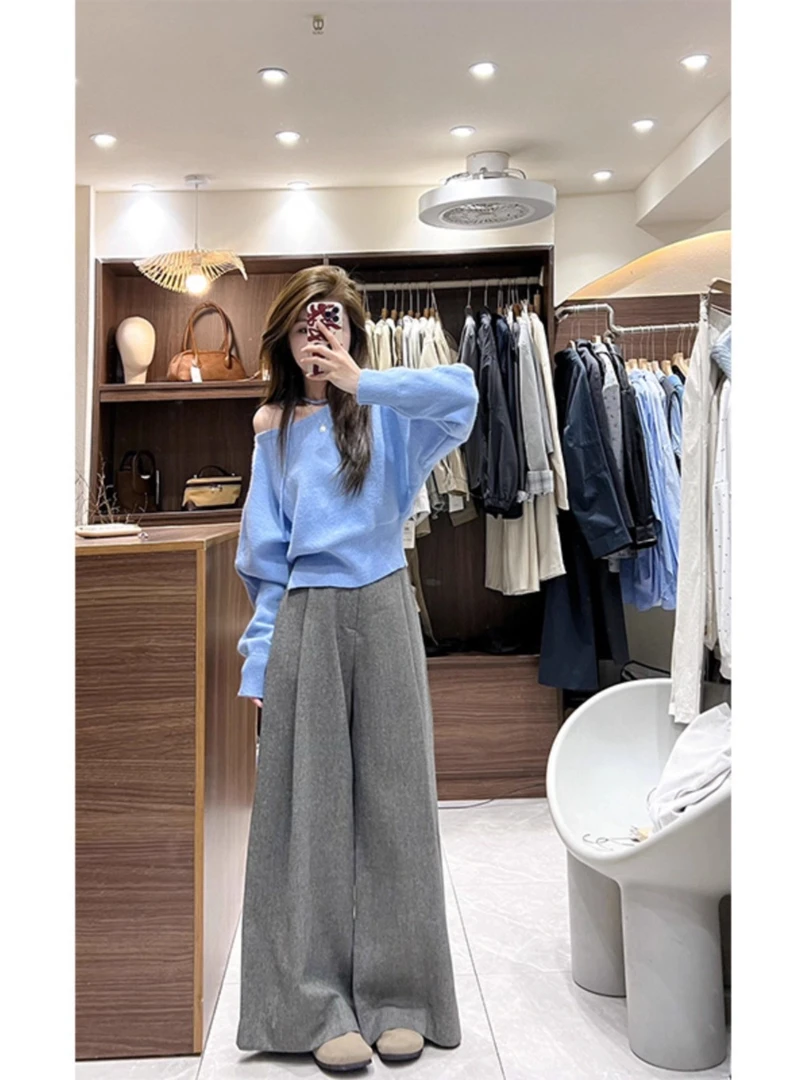 2025秋季新款穿搭韩系高级感长袖针织衫上衣百搭休闲阔腿裤套装女