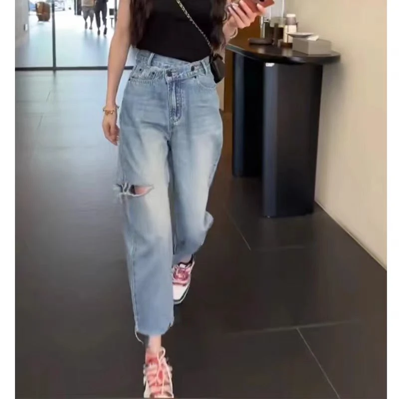 破洞牛仔裤女秋季薄款胖妹妹mm梨形身材设计感高腰显瘦直筒哈伦裤