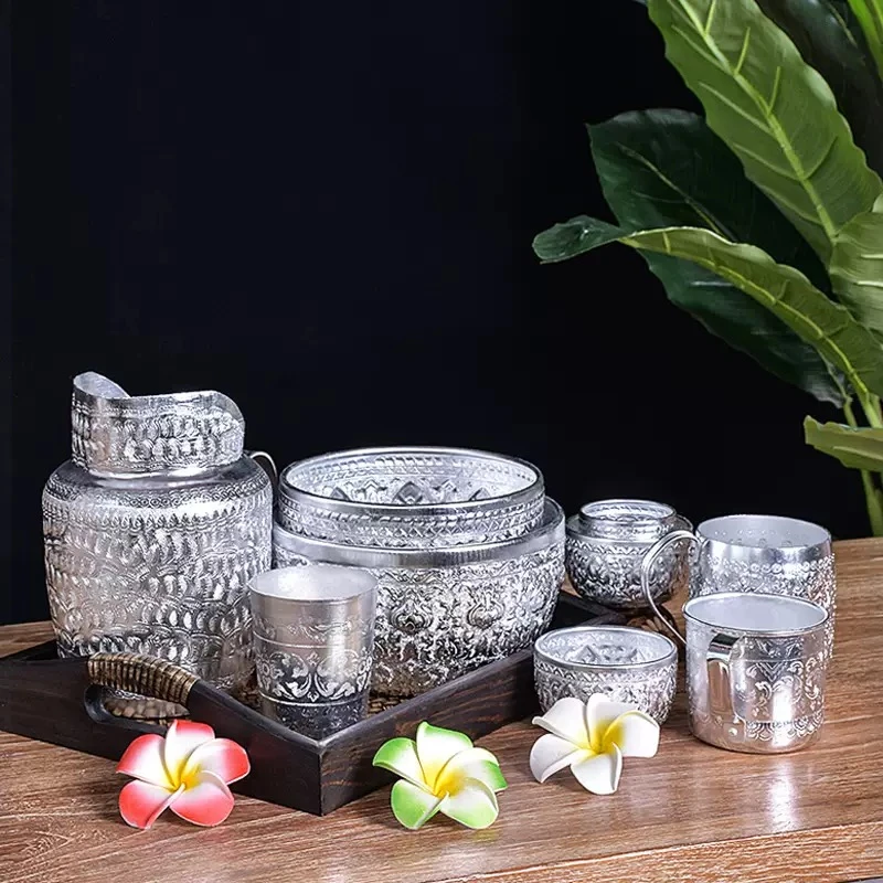 锡碗泰式特色餐具摆件东南亚进口傣族银色泡鲁达碗冰沙甜品