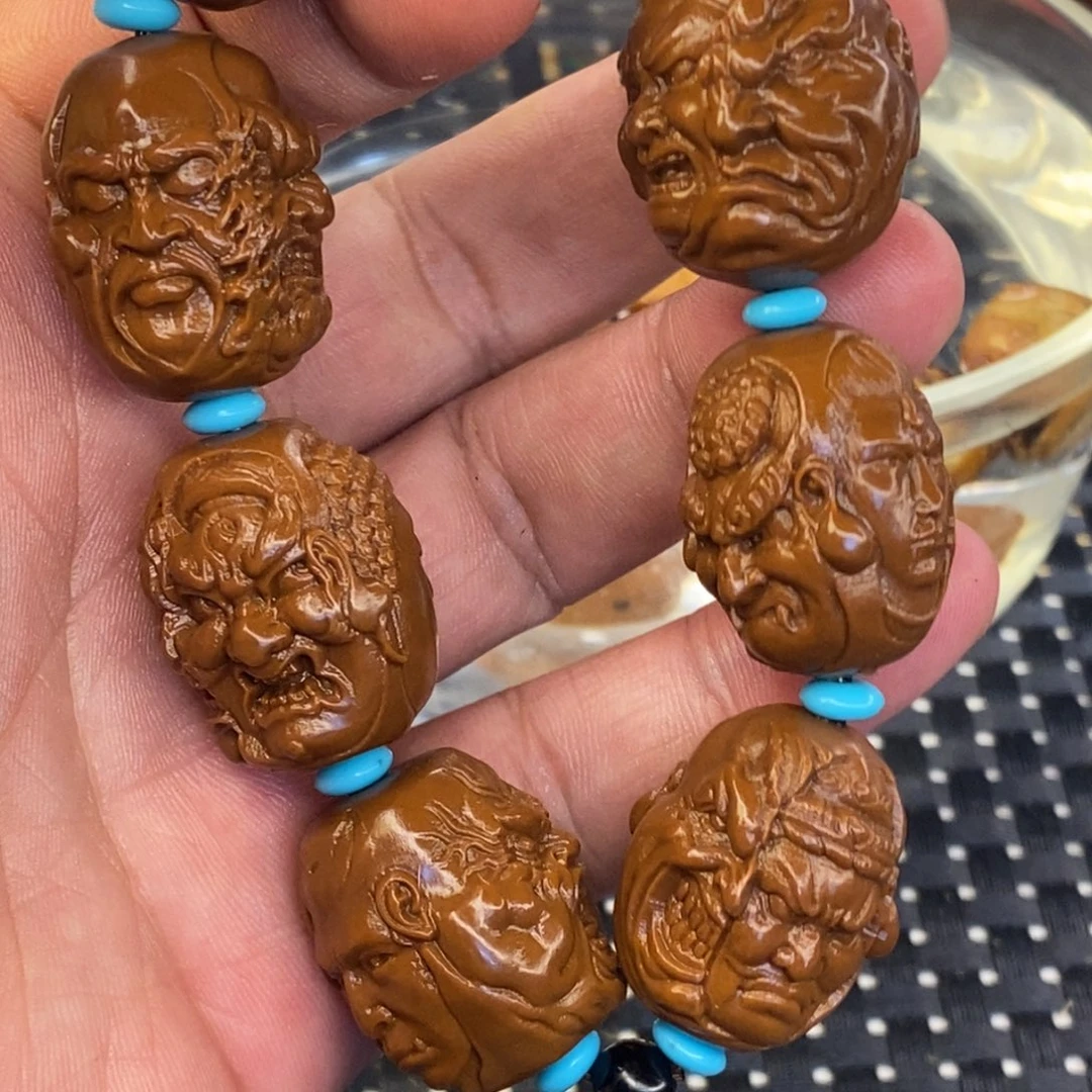 山鬼四面雕刻手串黄金树沉水核手串