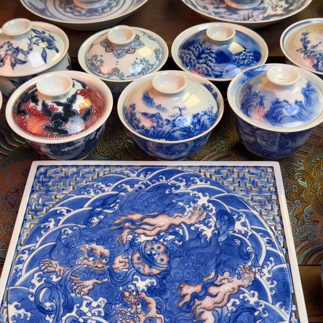 杯九*微瑕双层良朋茶盘纯手绘青花釉里红点工