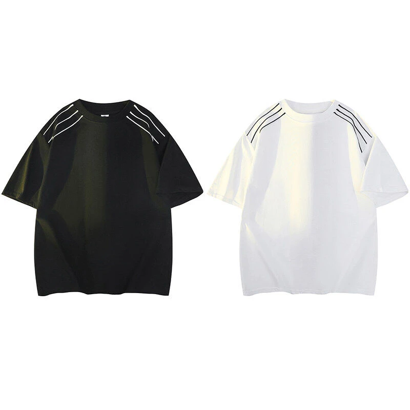 夏季休闲宽松纯棉美式高街痞帅三杠拉条短袖T恤情侣简约百搭半袖