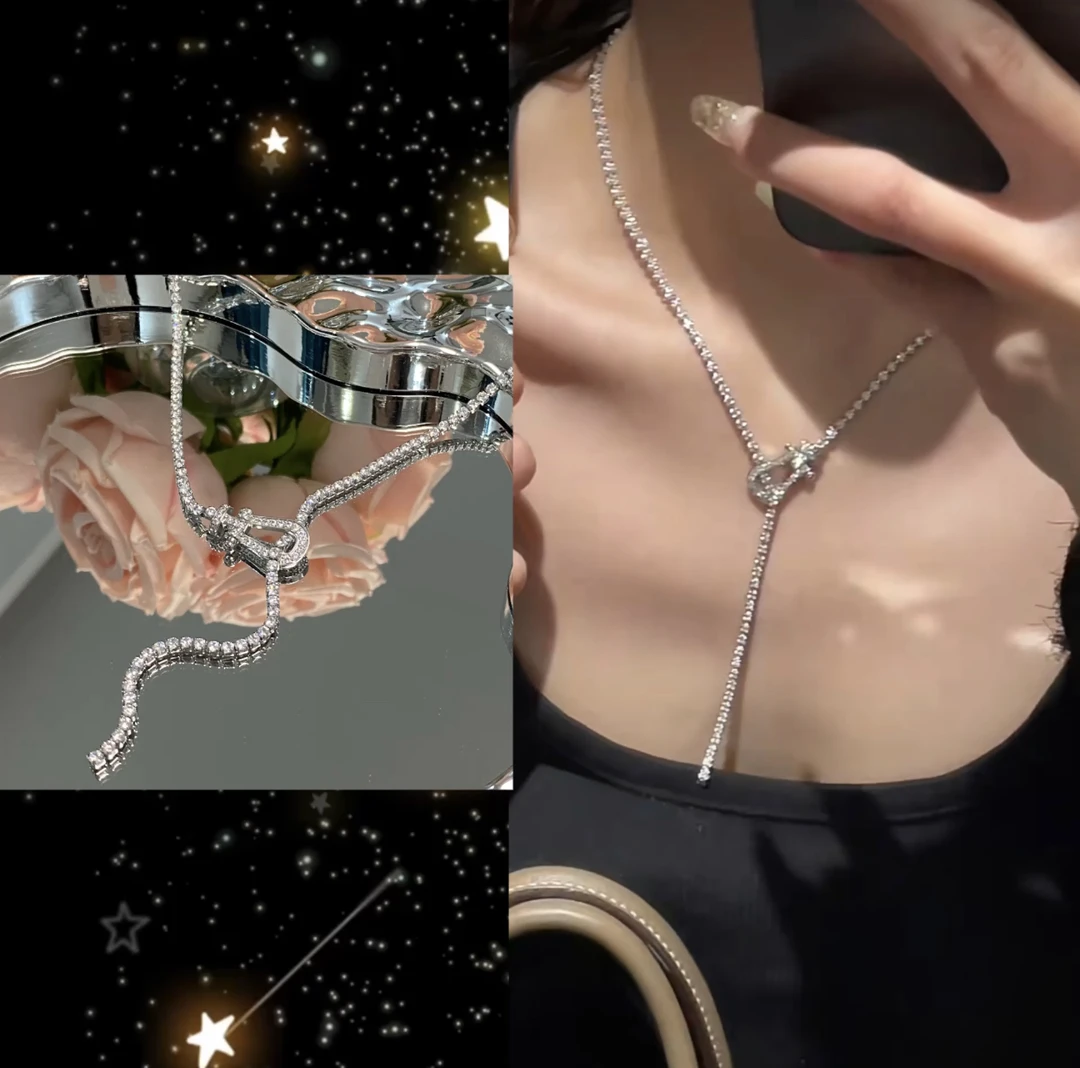 铜合金合成锆石项链 满鉆马蹄扣长款流苏项链