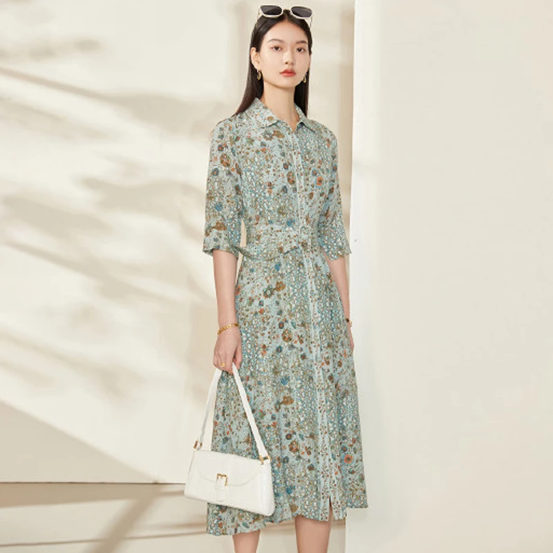 墨枝 气质翻领印花桑蚕丝连衣裙CHT021266