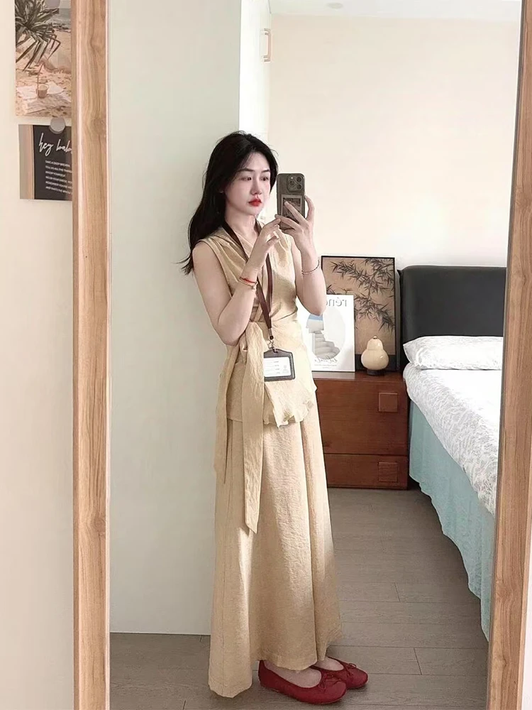 法式套装交叉系带V领背心上衣女夏季宽松休闲裤阔腿裤时尚两件套